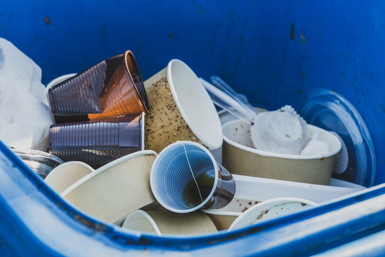 Single-use cups in bin